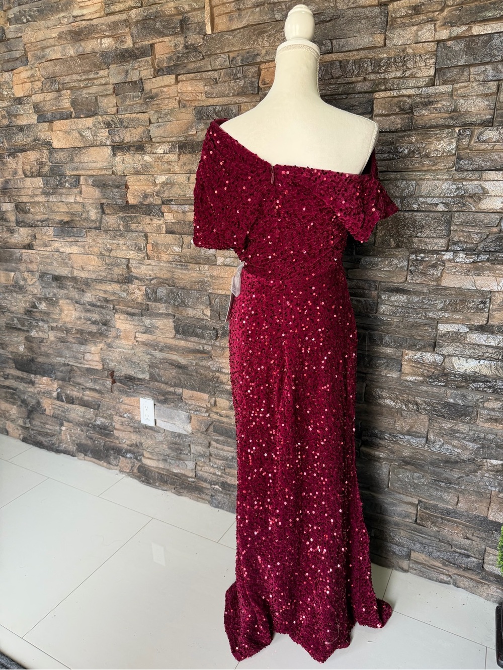 Elegant Sequin Off-Shoulder Evening Gown - Burgundy - Picture 6 of 11